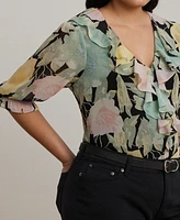 Lauren Ralph Plus Floral Georgette Ruffle-Trim Blouse