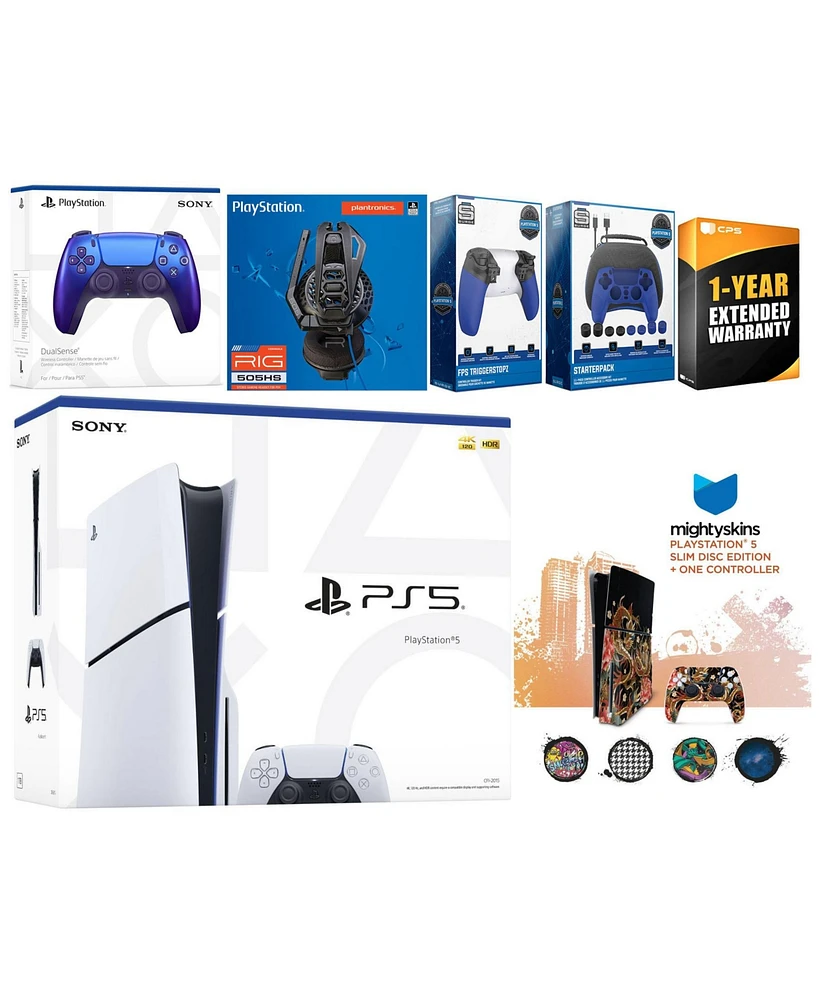 Sony Playstation 5 Slim Disc with Extra Starlight Blue Controller, Plantronics Headset, Gamer Kit, Trigger Kit and MightySkins Decal Voucher + 1 Year