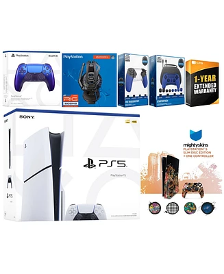 Sony Playstation 5 Slim Disc with Extra Starlight Blue Controller, Plantronics Headset, Gamer Kit, Trigger Kit and MightySkins Decal Voucher + 1 Year