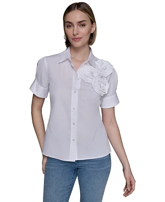 Karl Lagerfeld Paris Women's Cotton Floral-Applique Shirt