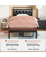 Hausource Twin Size Upholstered Bed Frame with Pu Leather Headboard