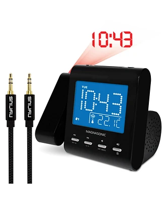 Magnasonic Projection Alarm Clock with Am/Fm Radio, Battery Backup, Auto Time Set, Dual Alarm, Sleep Timer, Indoor Temperature/Day/Date Display & Bonu