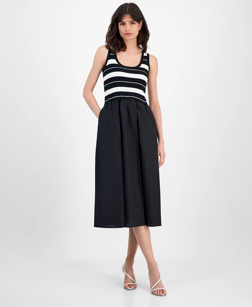 T Tahari Women's Striped-Bodice Mixed-Media Midi Dress