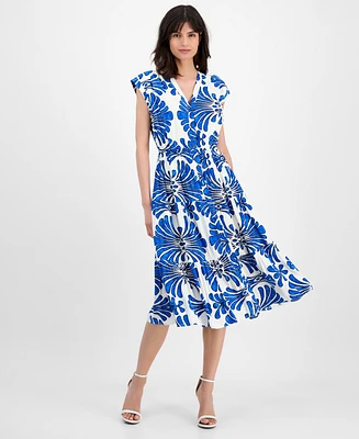 T Tahari Women's V-Neck Button-Front Fanned-Print Midi Dress