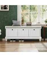 Classic Storage Bench with Cushioned Seat and Three Drawers for Entryway and Living Room (White)