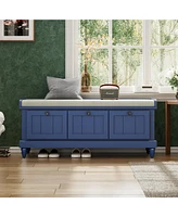 Classic Storage Bench with Cushioned Seat and Three Drawers for Entryway and Living Room (Navy Blue)