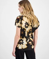 Anne Klein Women's Floral-Print Cowlneck Short-Sleeve Blouse, Created for Macy's