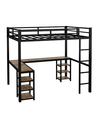 Full Metal Loft Bed with Desk and Shelves, Loft Bed with Ladder and Guardrails, Loft Bed Frame for Bedroom