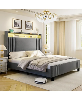 Hausource King Size Upholstered Bed Frame with Velvet Storage Headboard Platform Bed