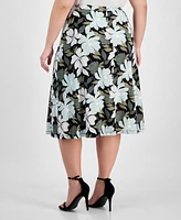 Kasper Plus Floral-Print Pull-On Midi Skirt