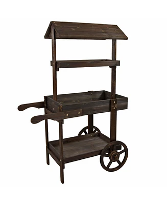 Flower Cart Display Stand with Wheels - Dessert Candy Market 2 Shelves Fir Wood White
