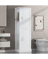 Tall Bathroom Storage Cabinet, Freestanding Storage Cabinet with Hook and Adjustable Shelf, Mdf Board, White