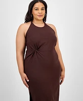 Bar Iii Trendy Plus Halter-Neck Linen-Blend Midi Dress, Exclusively at Macy's