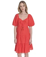 Vince Camuto Women's V-Neck Short-Puff-Sleeve Eyelet Dress