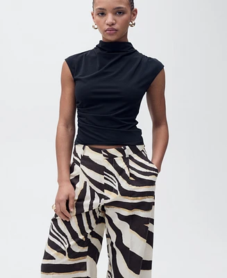 Mango Women's Zebra-Print Pleated Wide Leg Pants