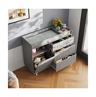 Diaper table with four drawers, baby changing station multiple storage compartments, grey wood