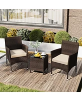 3 Pcs Outdoor Conversation Set with Cushioned Seat & Tempered Glass Tabletop