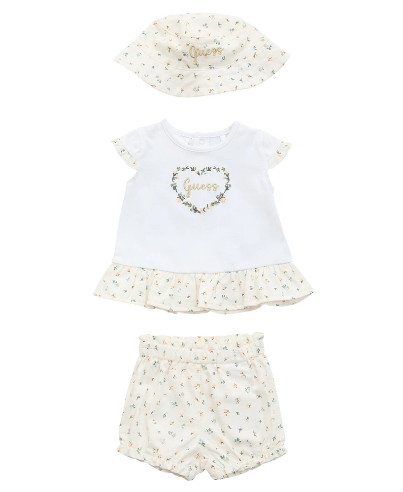 Guess Baby Girls 3-Piece Short Sleeve T-Shirt, Shorts, and Bucket Hat Set