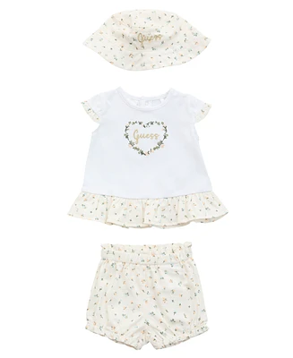 Guess Baby Girls 3-Piece Short Sleeve T-Shirt, Shorts, and Bucket Hat Set