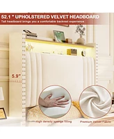 Hausource King Size Bed Frame: Upholstered Headboard, Led Charging Station, Velvet