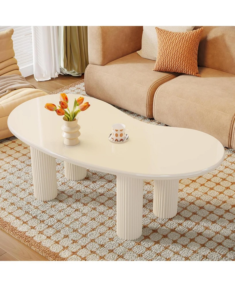 Tribesigns 46.45" White Cloud Coffee Table, Modern Cream Coffee Table with 4 Fluted Cylindrical Legs, Smooth Edges, Irregular Cashew Shaped, Match for