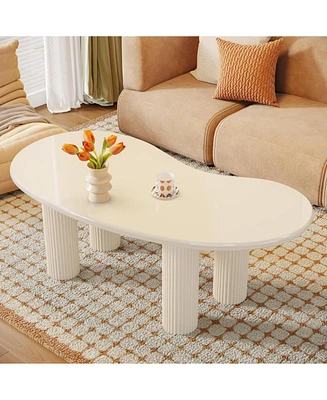 Tribesigns 46.45" White Cloud Coffee Table, Modern Cream Coffee Table with 4 Fluted Cylindrical Legs, Smooth Edges, Irregular Cashew Shaped, Match for