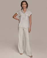 Donna Karan New York Women's Short Sleeve Linen-Blend Collared Shirt