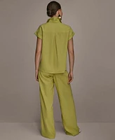 Donna Karan New York Womens Linen Blend Cap Sleeve Collared Shirt Wide Leg Pants