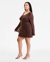 Bar Iii Plus Long-Sleeve Solid-Mesh Mini Dress, Exclusively at Macy's