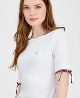 Tommy Hilfiger Women's Cotton Boat-Neck Tie-Sleeve T-Shirt