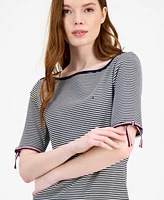 Tommy Hilfiger Women's Striped Cotton Boat-Neck Tie-Sleeve Dress