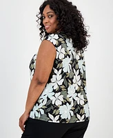 Kasper Plus Floral-Print Keyhole Top