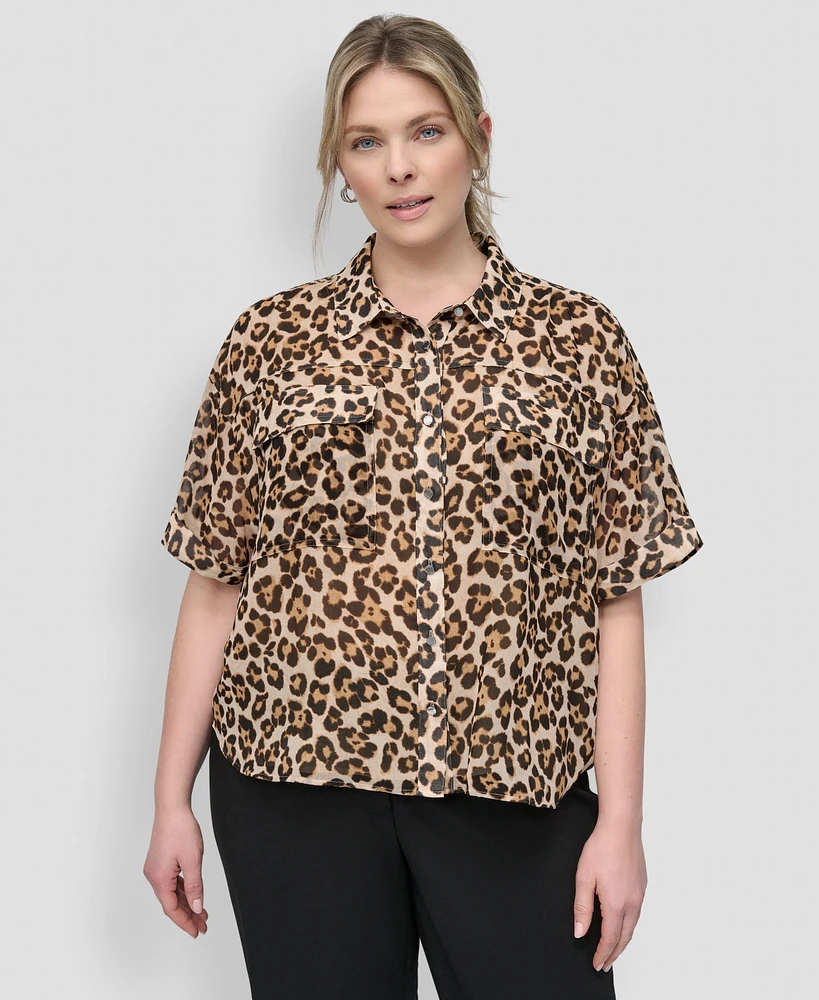 Dkny Plus Animal Print Short-Sleeve Button-Front Shirt