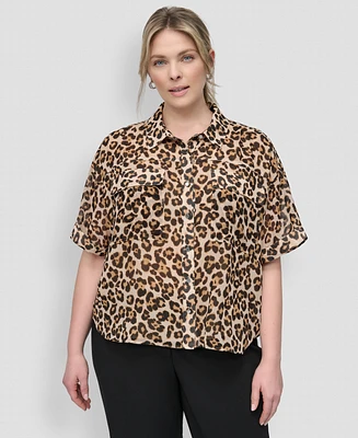 Dkny Plus Animal Print Short-Sleeve Button-Front Shirt