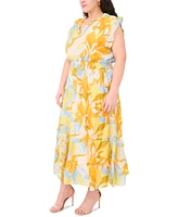 Msk Plus Printed Flutter-Sleeve Tiered Maxi Dress