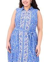 Msk Plus Zip-Front Border-Print Belted Midi Dress