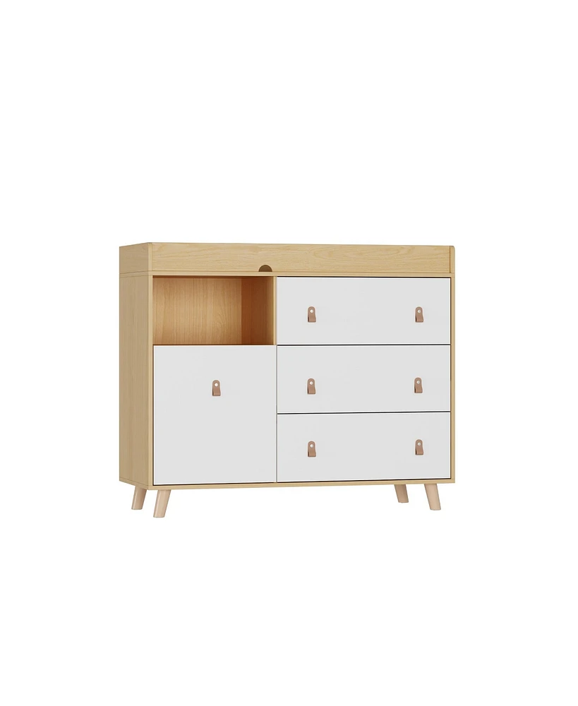 Diaper table with three drawers, baby changing station with multiple storage compartments, natural wood