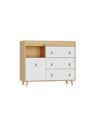 Diaper table with three drawers, baby changing station with multiple storage compartments, natural wood