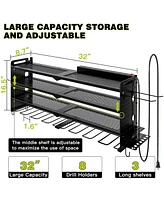 Hausource 4-Tier Power Tool Organizer Wall Mount Tool Storage Workbench W/8 Drill Holder Utility Shelving,Black