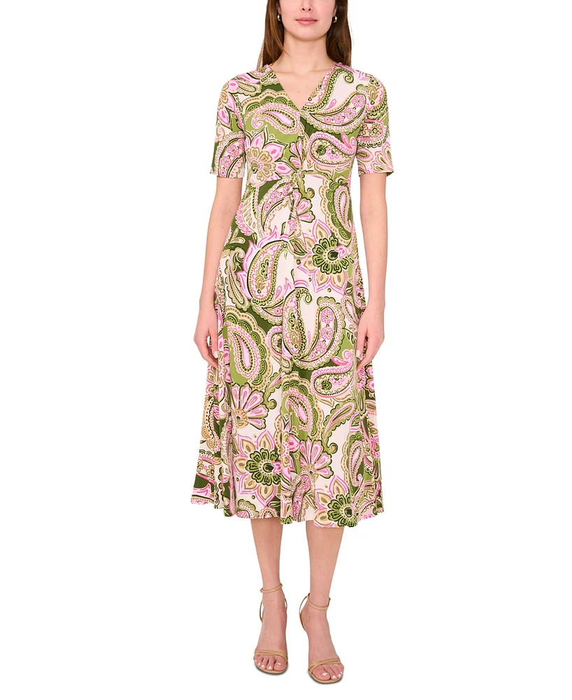 Msk Women's Printed V-Neck Short-Sleeve Midi Dress