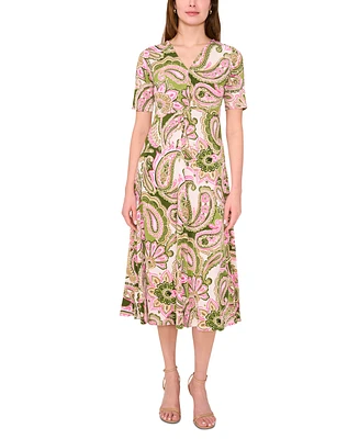 Msk Women's Printed V-Neck Short-Sleeve Midi Dress