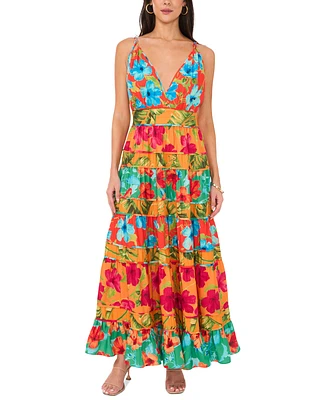 Vince Camuto Women's Floral-Print Tiered Deep V-Neck Dress