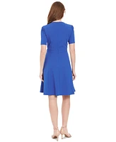 London Times Women's Round-Neck Short-Puff-Sleeve Dress