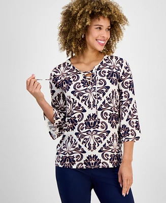 Jm Collection Women's Printed Split-Neck Bell-Sleeve Top, Exclusively at Macy's