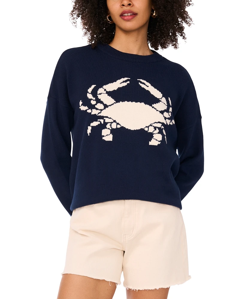 Vince Camuto Women's Cotton Crab Crewneck Relaxed Sweater