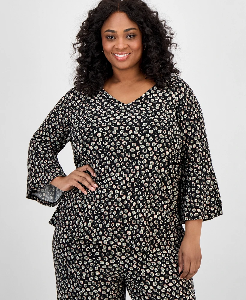 Kasper Plus Printed Bell-Sleeve Blouse