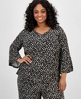 Kasper Plus Printed Bell-Sleeve Blouse