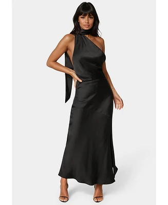 Bebe Women's Sash Neck One Shoulder Satin Midi Dress
