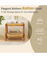 Pcs End Table with Tempered Glass Top Acacia Wood Legs Rattan Storage Shelf