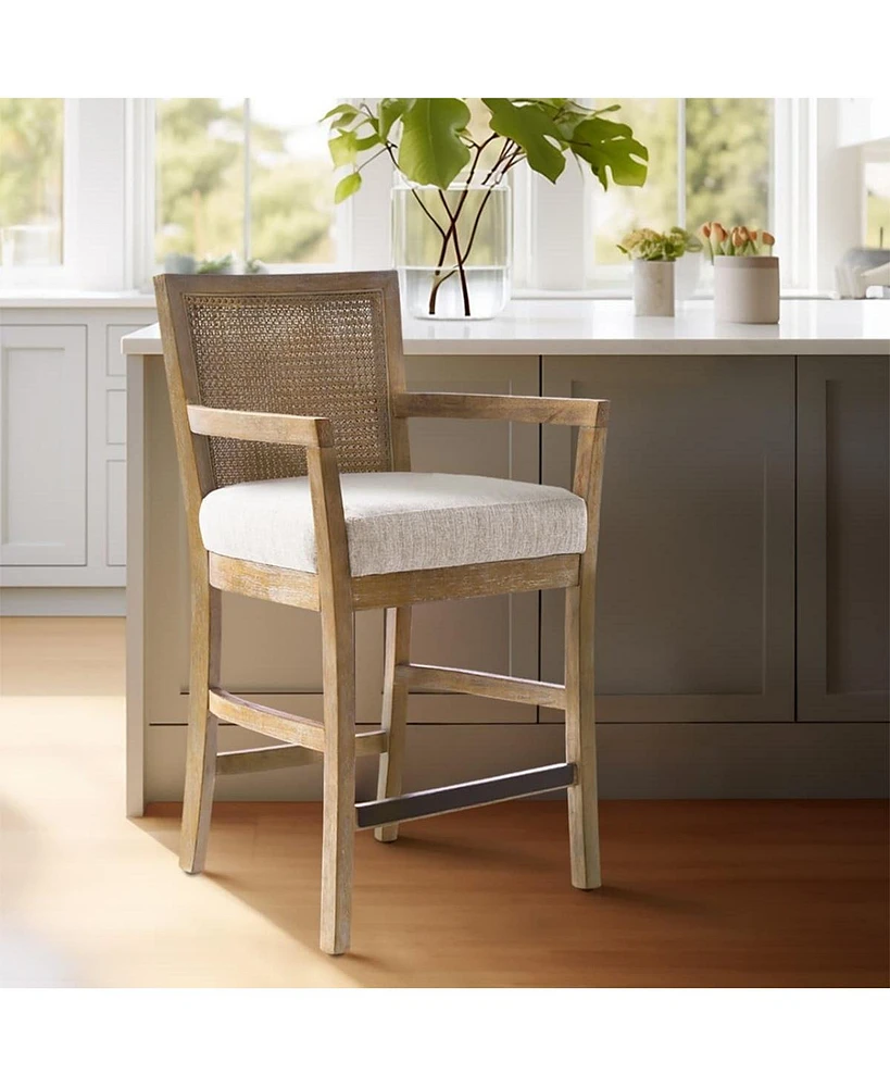 Counter Height Bar Stool with Solid Wood Frame Upholstered Seat Cane Back and Open Arm Design for Kitchen Island or Dining Room Seating-The Pop Home